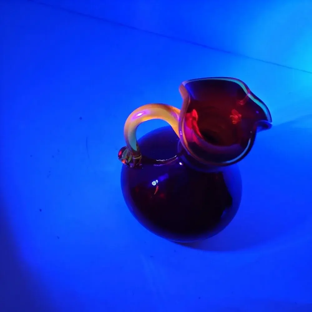 VTG Red Art Glass Optic Creamer Cruet Hand Blown Yellow Trim & Applied Handle